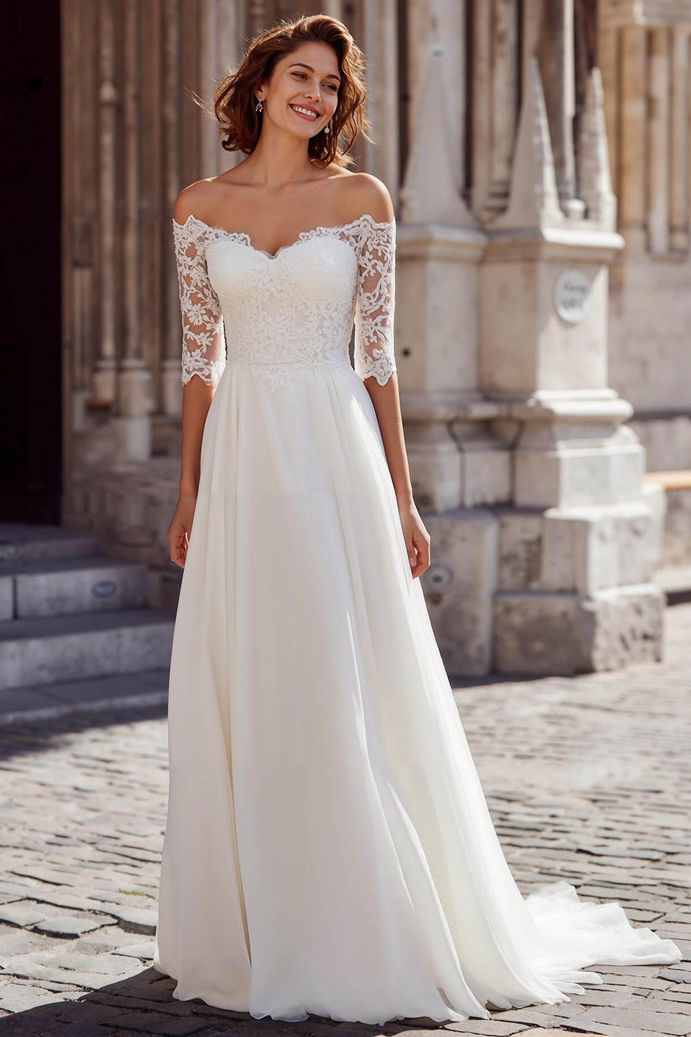 White Chiffon A-Line Off the Shoulder Sweep Train Wedding Dress with Lace