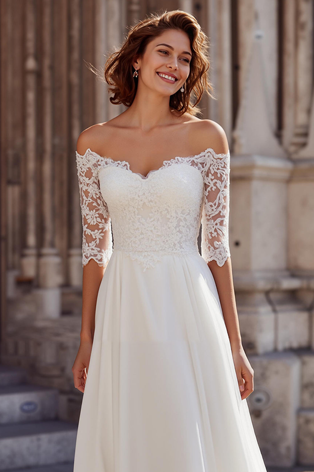 White Chiffon A-Line Off the Shoulder Sweep Train Wedding Dress with Lace
