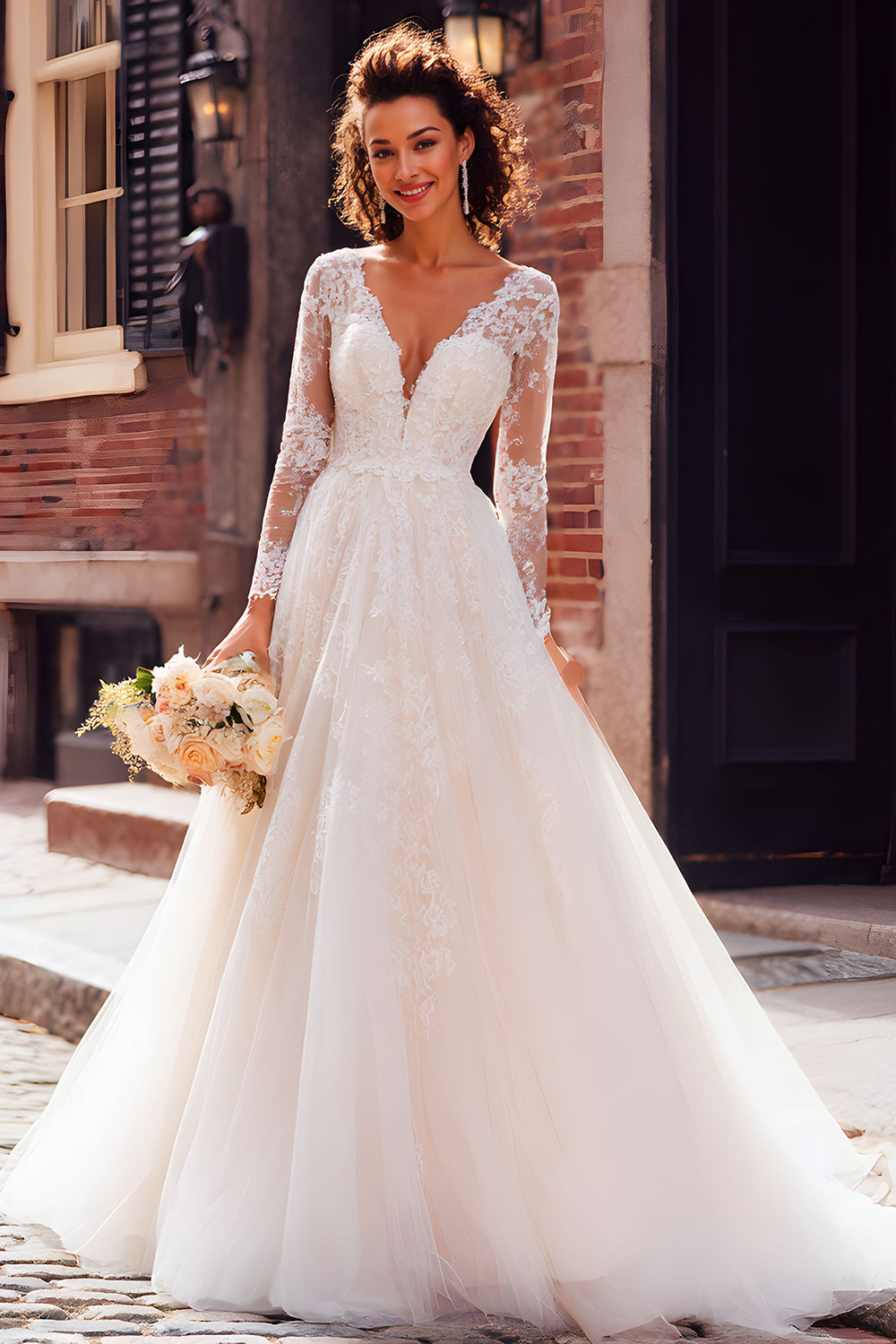 Ivory V-Neck Tulle Princess Long Sleeves Floor Length Wedding Dress with Lace