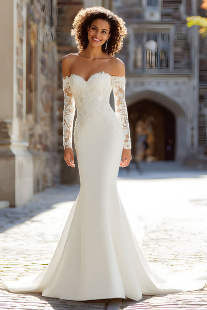 White Mermaid Off the Shoulder Lace Appliqued Sweep Train Wedding Dress