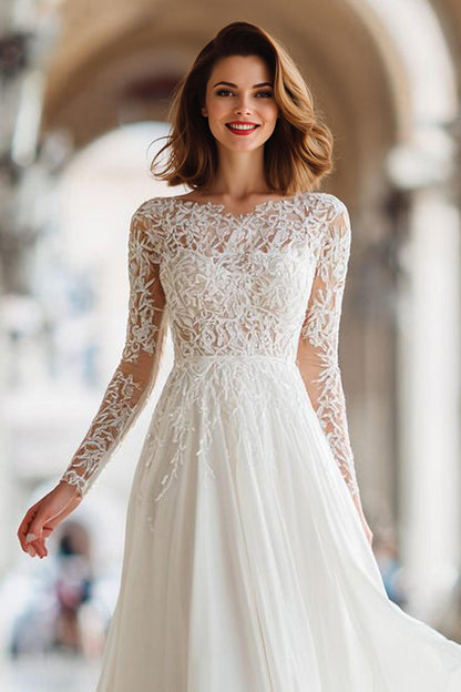 Ivory Lace A Line Long Sleeve Wedding Dress