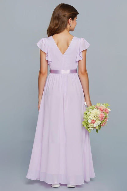 Lilac A-Line Chiffon V-Neck Long Junior Bridesmaid Dress with Ruffles