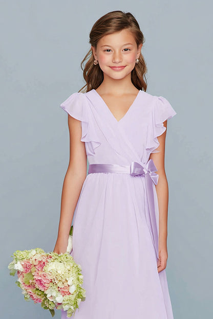 Lilac A-Line Chiffon V-Neck Long Junior Bridesmaid Dress with Ruffles