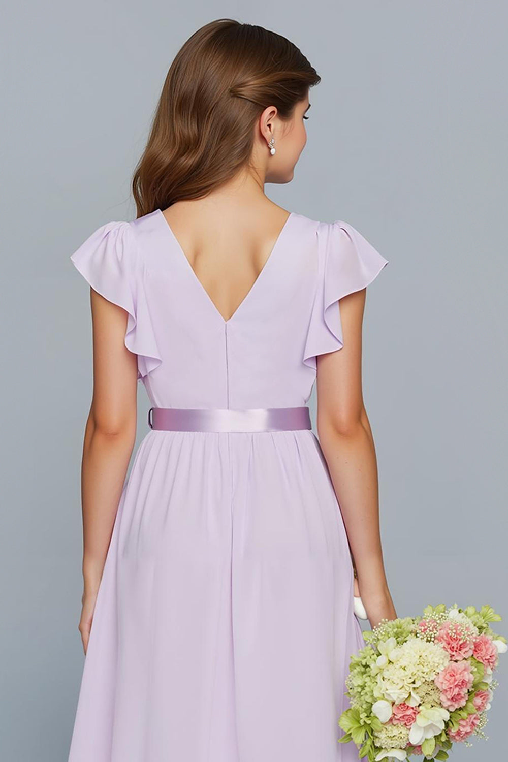 Lilac A-Line Chiffon V-Neck Long Junior Bridesmaid Dress with Ruffles