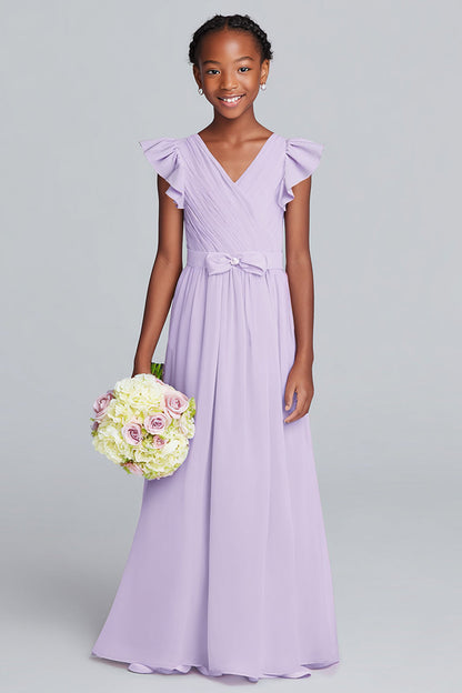 Lilac V-Neck A-Line Chiffon Long Junior Bridesmaid Dress with Ruffles