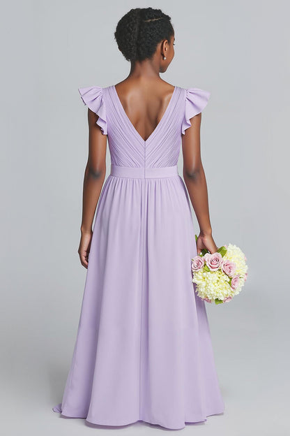 Lilac V-Neck A-Line Chiffon Long Junior Bridesmaid Dress with Ruffles