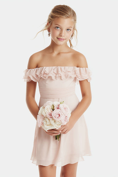 Blush Pink Off the Shoulder A-Line Chiffon Short Junior Bridesmaid Dress with Ruffles