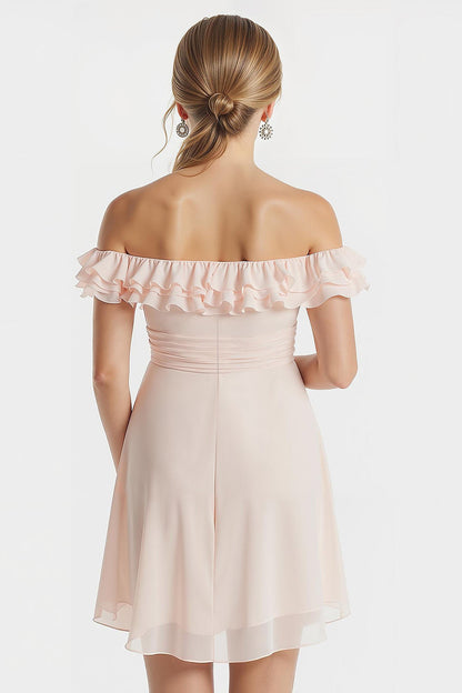 Blush Pink Off the Shoulder A-Line Chiffon Short Junior Bridesmaid Dress with Ruffles