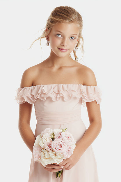 Blush Pink Off the Shoulder A-Line Chiffon Short Junior Bridesmaid Dress with Ruffles