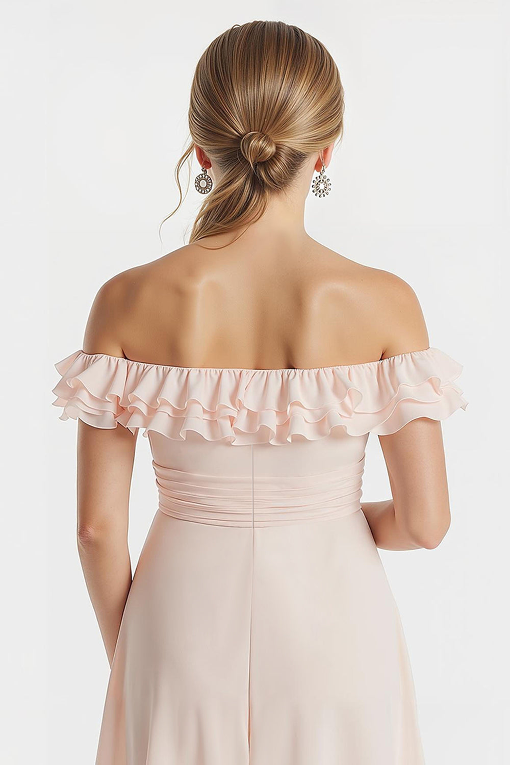 Blush Pink Off the Shoulder A-Line Chiffon Short Junior Bridesmaid Dress with Ruffles