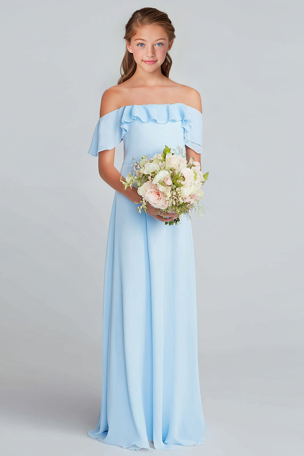 Sky Blue Off the Shoulder Chiffon A-Line  Long Junior Bridesmaid Dress
