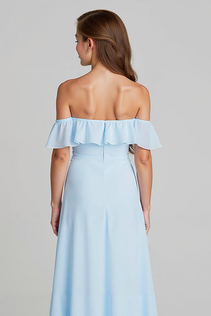 Sky Blue Off the Shoulder Chiffon A-Line  Long Junior Bridesmaid Dress