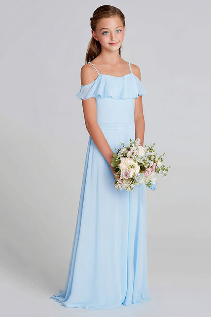 Sky Blue Chiffon A-Line Cold Shoulder Long Junior Bridesmaid Dress