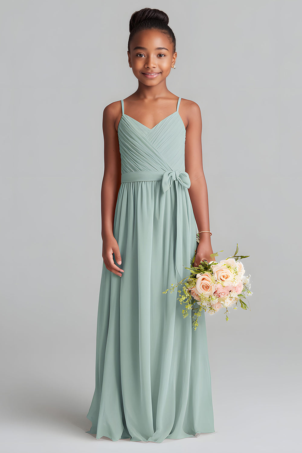 Matcha Spaghetti Straps Chiffon A-Line Long Junior Bridesmaid Dress