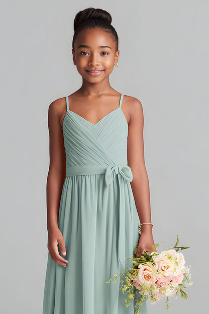 Matcha Spaghetti Straps Chiffon A-Line Long Junior Bridesmaid Dress