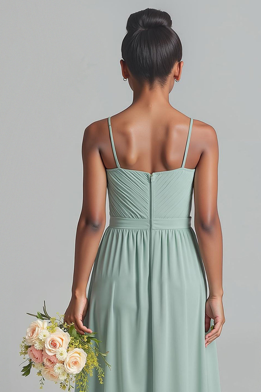 Matcha Spaghetti Straps Chiffon A-Line Long Junior Bridesmaid Dress