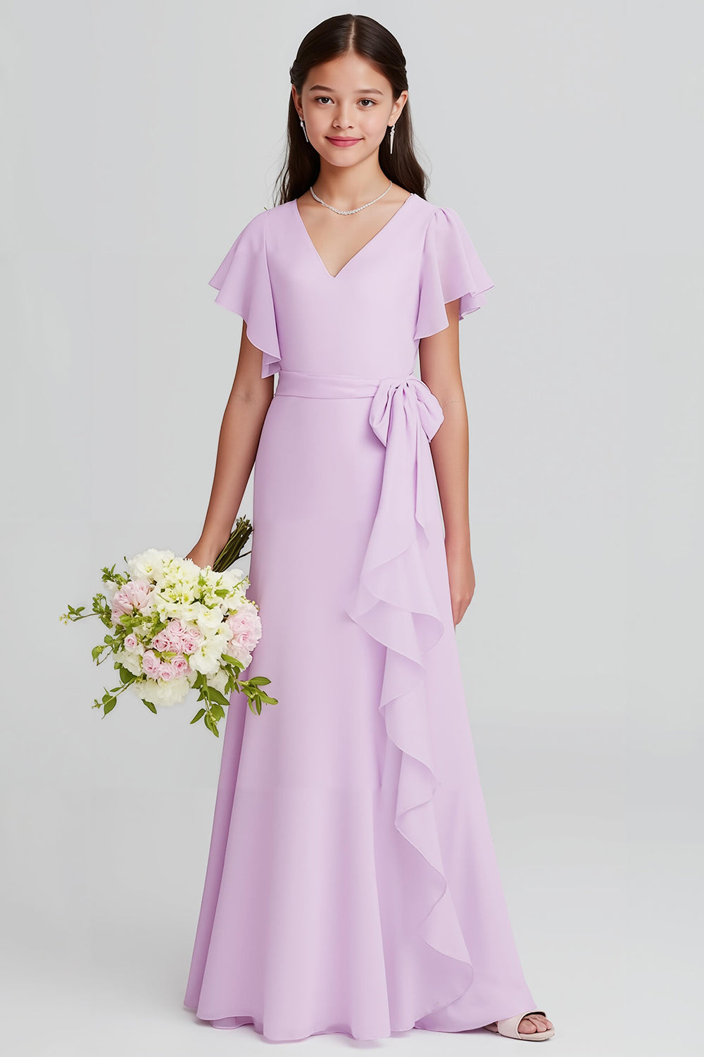 Purple V-Neck A-Line Chiffon Short Sleeves Long Junior Bridesmaid Dress