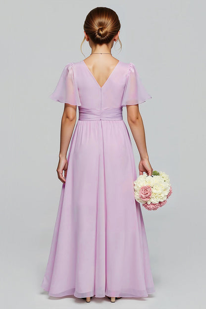 Purple Chiffon V-Neck A-Line Long Junior Bridesmaid Dress with Short Sleeves
