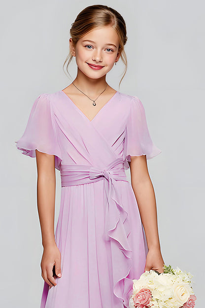 Purple Chiffon V-Neck A-Line Long Junior Bridesmaid Dress with Short Sleeves
