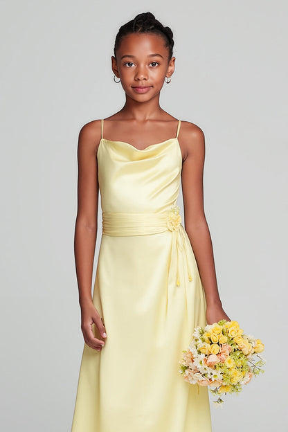 Daffodil Satin Spaghetti Straps Long Junior Bridesmaid Dress