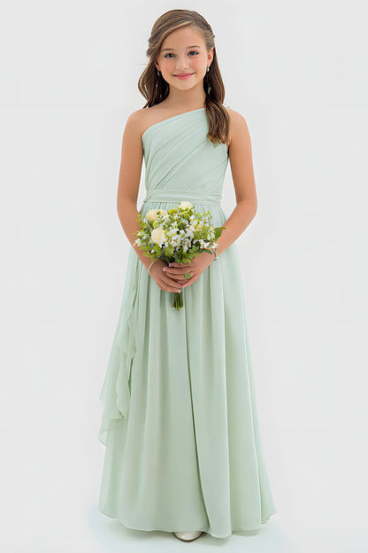 Sage Green One Shoulder A Line Chiffon Long Junior Bridesmaid Dress