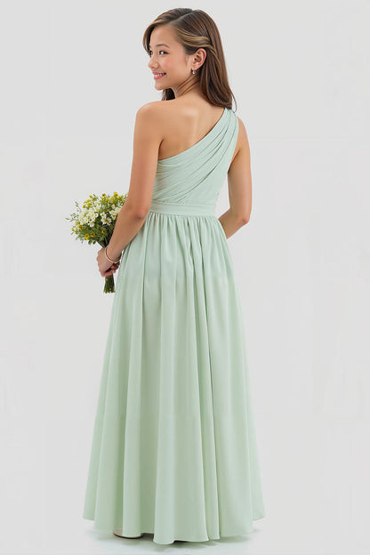 Sage Green One Shoulder A Line Chiffon Long Junior Bridesmaid Dress