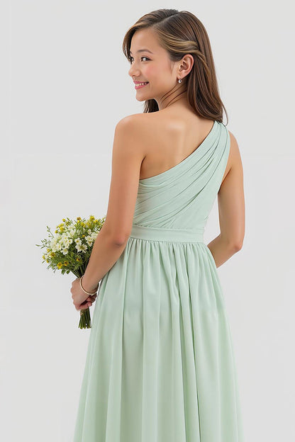 Sage Green One Shoulder A Line Chiffon Long Junior Bridesmaid Dress