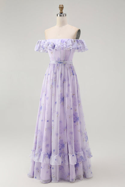 Lavender Floral Ruffled Off The Shoulder A Line Bridesmaid Dress