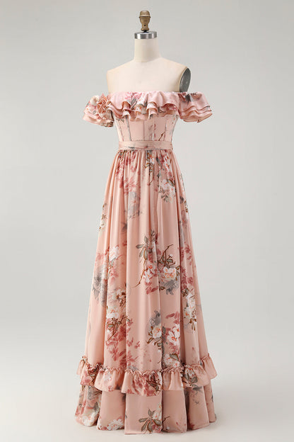Blush Floral Off The Shoulder A Line Ruffled Bridesmaid Dress