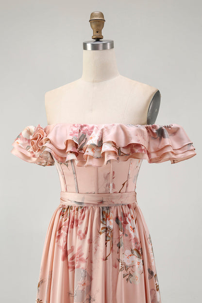 Blush Floral Off The Shoulder A Line Ruffled Bridesmaid Dress