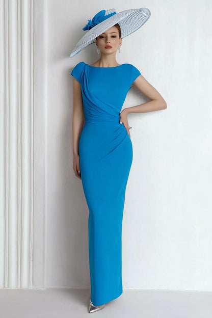 Sheath Chiffon Blue Bateau Mother of the Bride Dress with Cap Sleeves
