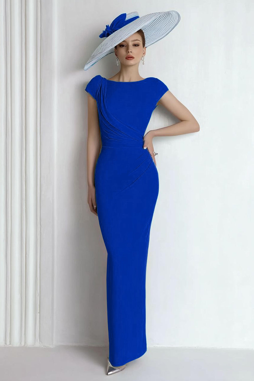 Sheath Chiffon Blue Bateau Mother of the Bride Dress with Cap Sleeves