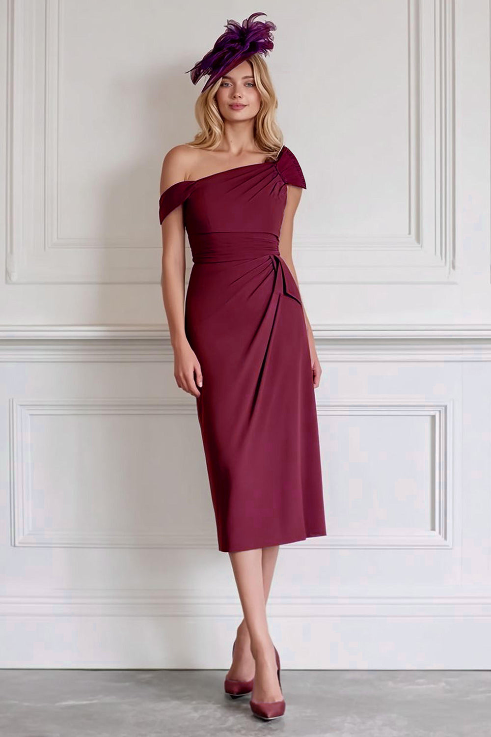 Off the Shoulder Burgundy Sheath Chiffon Midi Mother of the Bride Dress