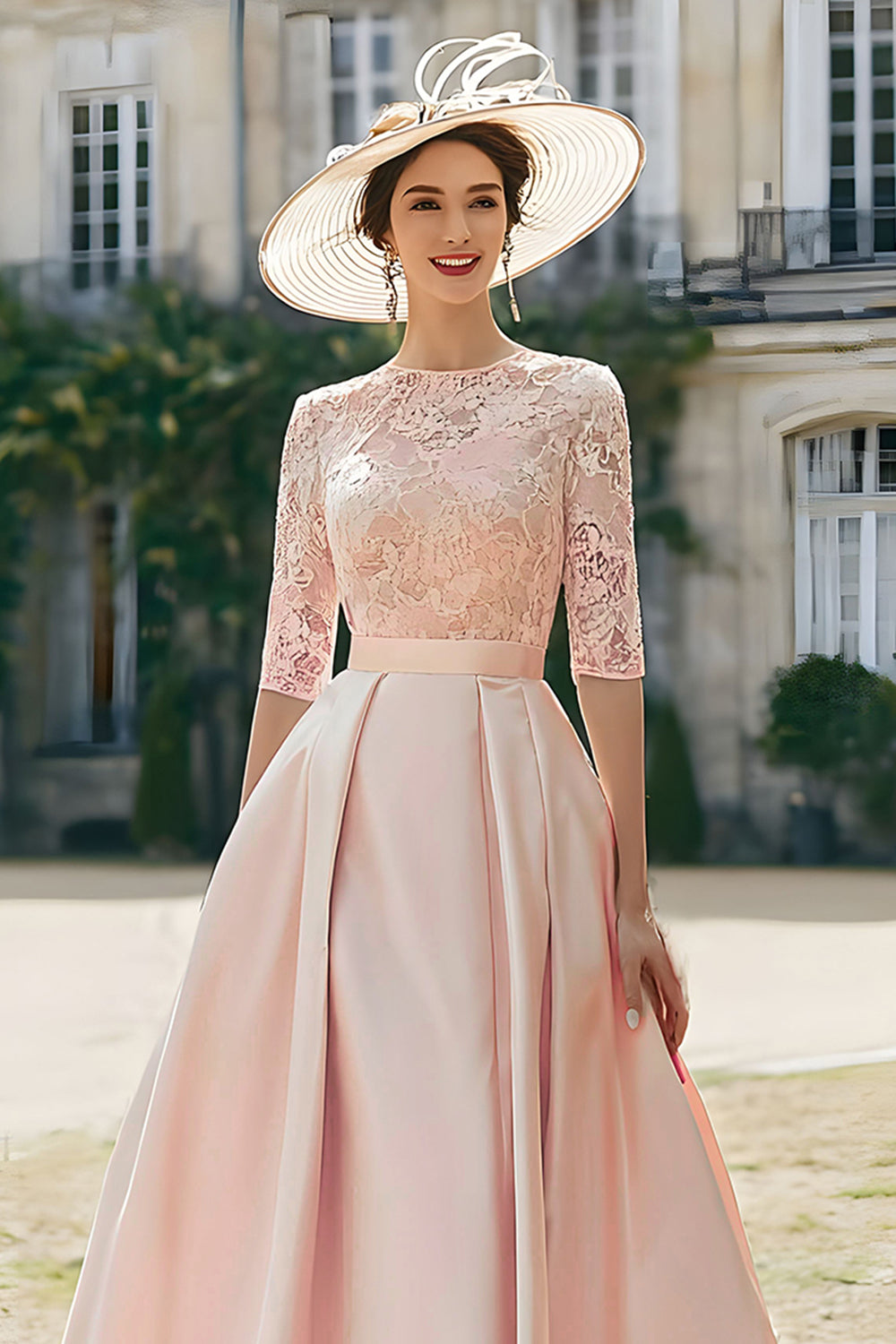 Blush Pink A Line Satin Long Mother of the Bride Dress with Lace
