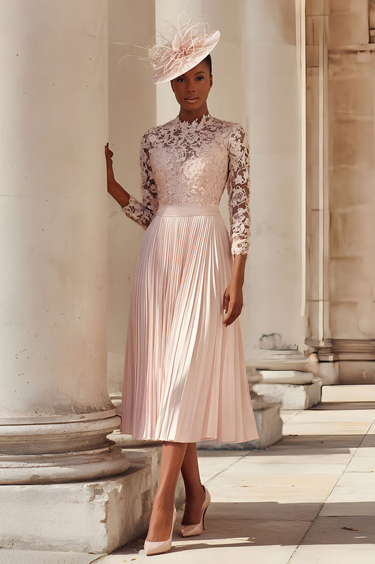 Blush Pink Chiffon A Line Pleated Midi Mother of the Bride Dress with Lace