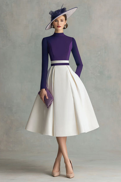 Plum Satin A Line High Neck Midi Mother of the Bride Dress with Sleeves
