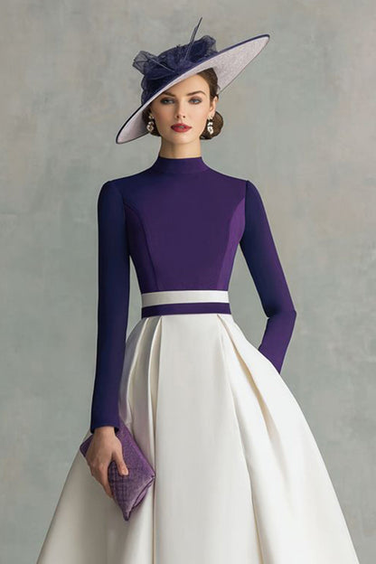 Plum Satin A Line High Neck Midi Mother of the Bride Dress with Sleeves