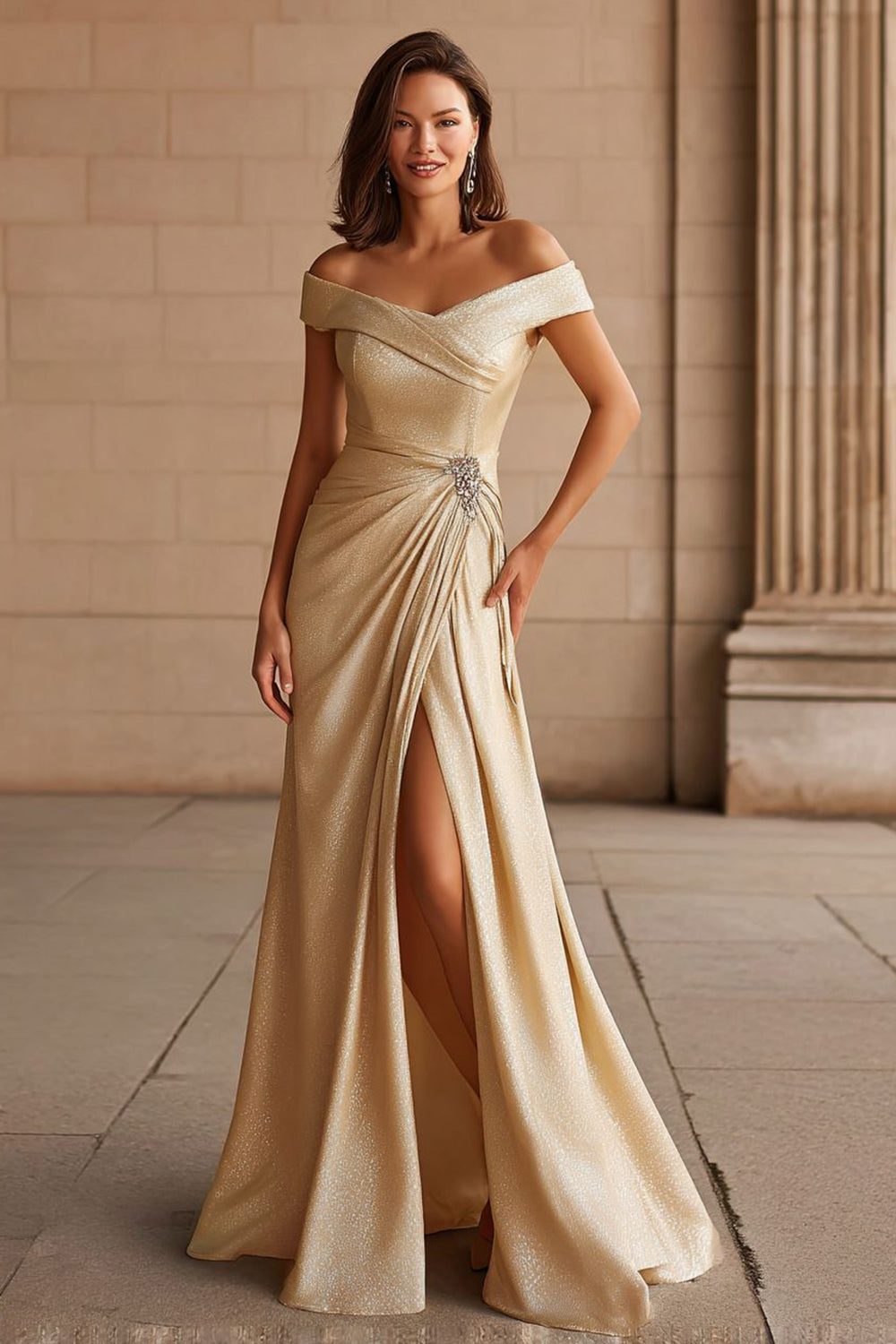 Champagne Metallic Off the Shoulder Long Mother of the Bride Dress with Slit