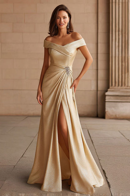 Champagne Metallic Off the Shoulder Long Mother of the Bride Dress with Slit