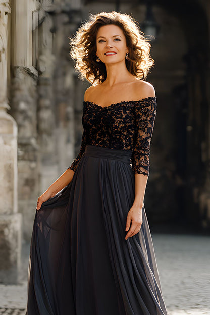 Black Off the Shoulder Chiffon Long Mother of the Bride Dress with Lace