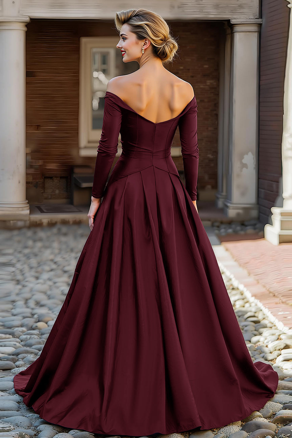 Plum Off the Shoulder Taffeta A Line Long Sleeve Mother of the Bride Dress