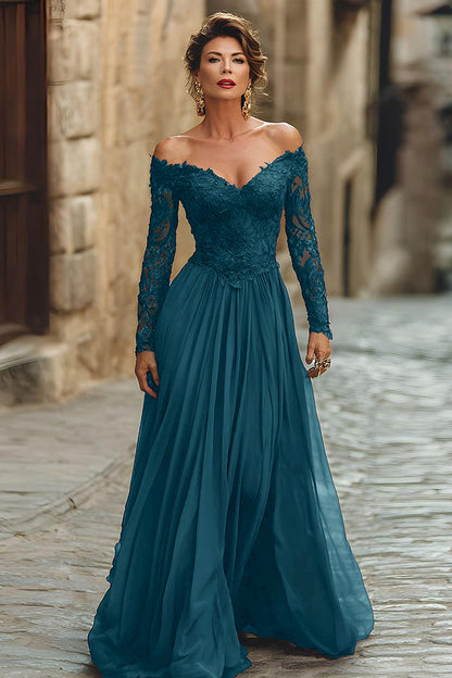 A Line Cabernet Off the Shoulder Maxi Mother of the Bride Dress with Lace