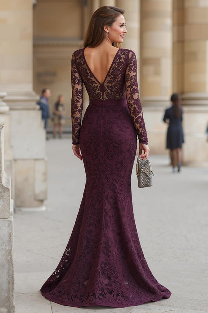 Cabernet Mermaid V-Neck Lace Applique Mother of the Bride Dress