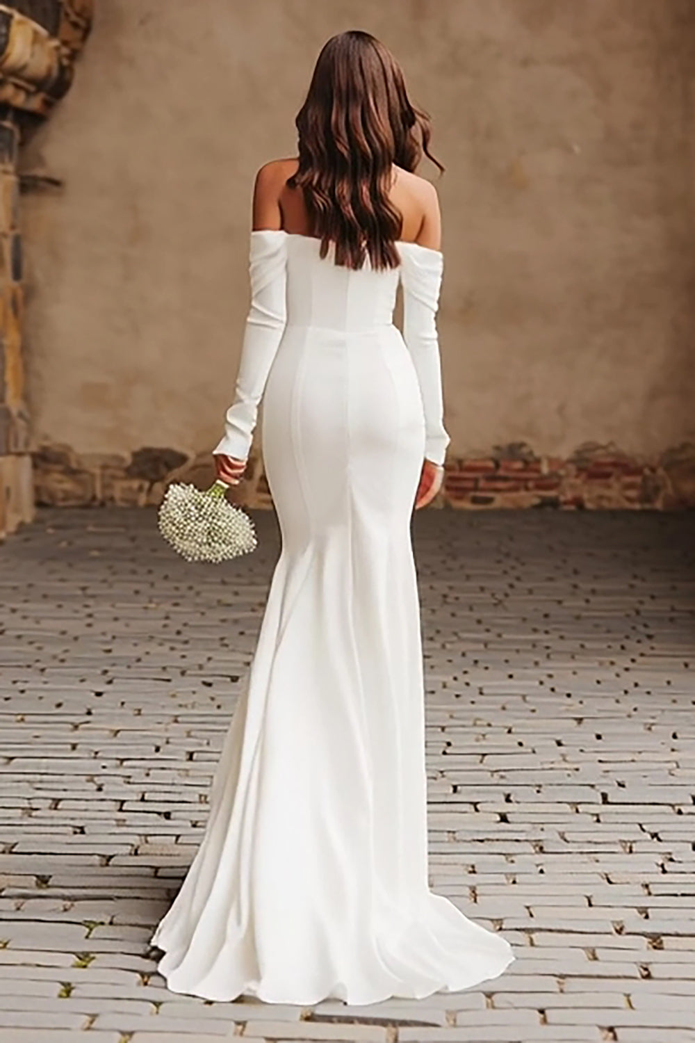 Ivory Mermaid Off The Shoulder Long Sleeves Wedding Dress with Slit