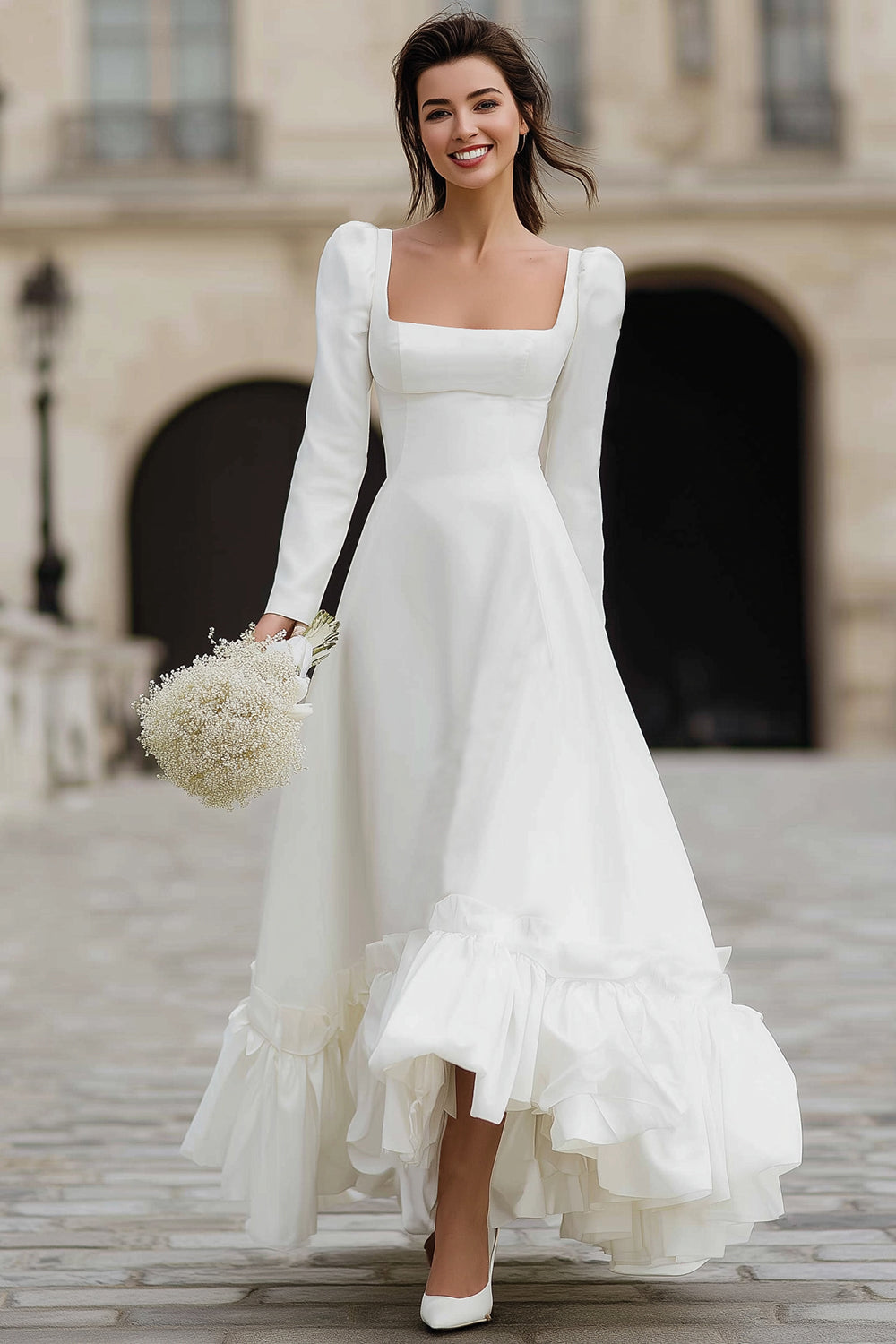 Ivory A Line Satin Square Neck Long Sleeves Wedding Dress with Ruffles