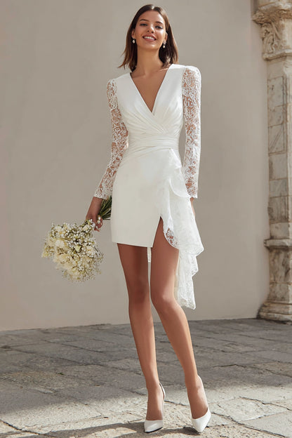 Ivory V-Neck Bodycon Ruched Lace Sleeves Short Wedding Dress with Slit