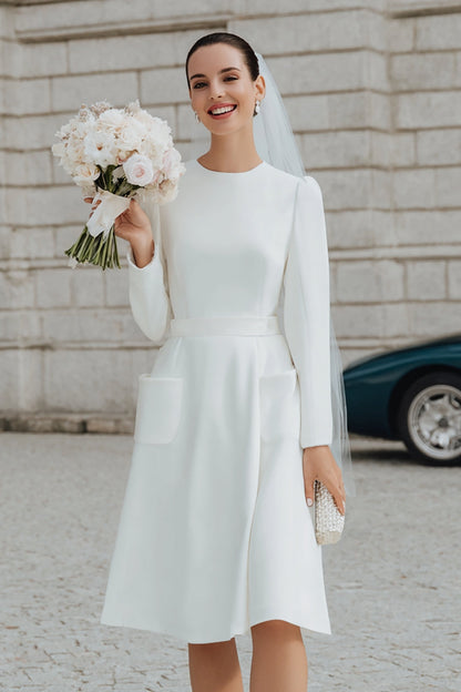Ivory Crepe A Line Long Sleeves Midi Wedding Dress with Pockets