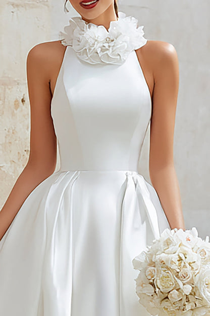 White A Line Halter Wedding Dress with Ruffles