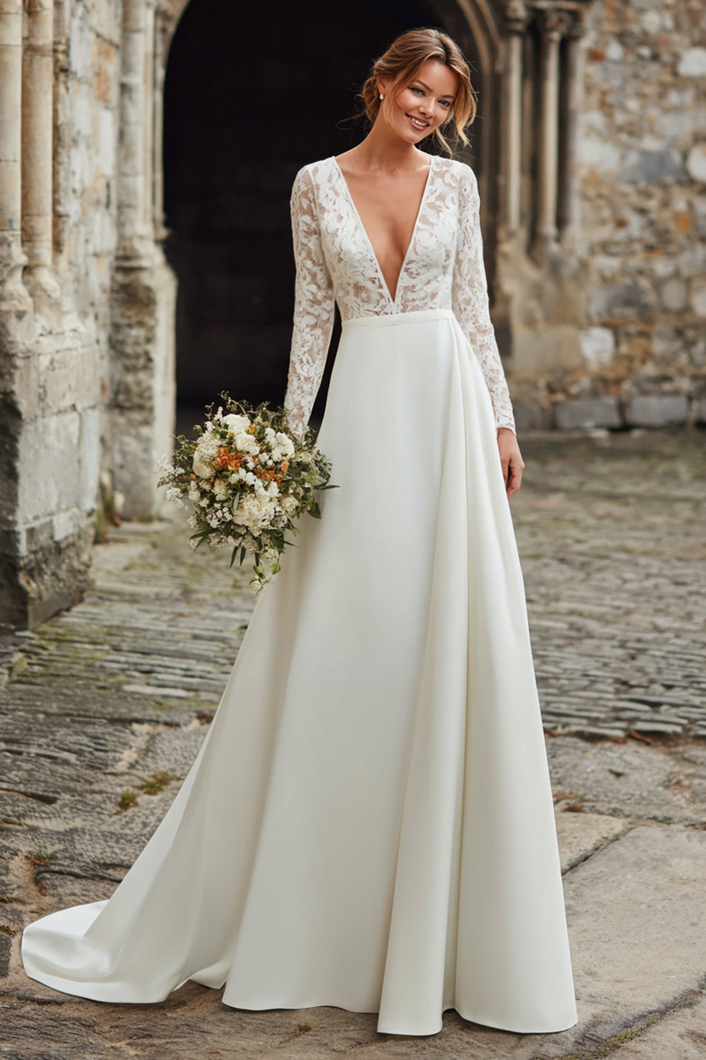 Ivory Beach Deep V-Neck A Line Wedding Dress with Lace