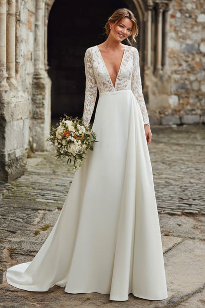 Ivory Beach Deep V-Neck A Line Wedding Dress with Lace